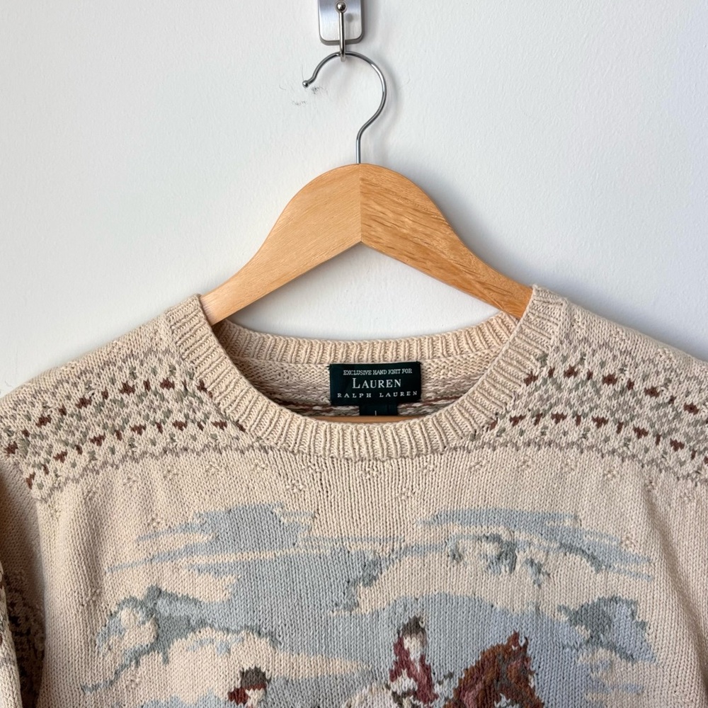 Vintage Ralph Lauren Equestrian Fox Hunt Sweater Size L Handknit Tapestry Horse - Picture 3 of 13